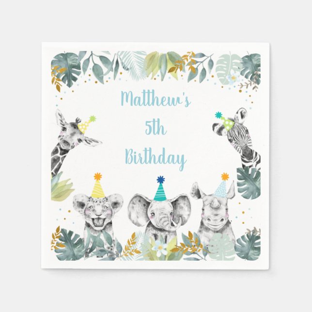 Party Animal Blue Gold Safari Birthday Napkins (Front)
