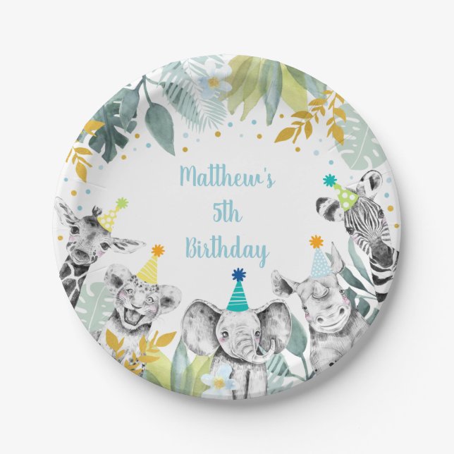 Party Animal Blue Gold Safari Birthday Paper Plates (Front)