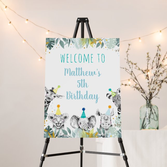 Party Animal Blue Gold Safari Birthday Welcome Foam Board (In Situ (Stand))