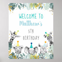Party Animal Blue Gold Safari Birthday Welcome Poster