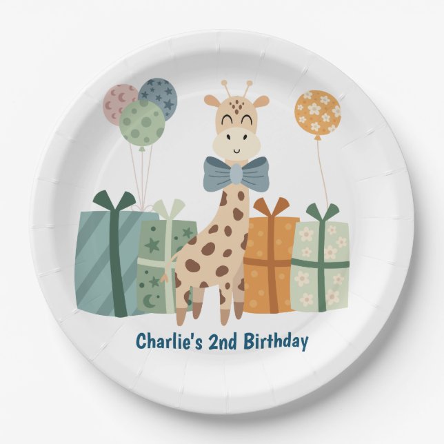 party animal, Giraffe with gifts and balloon Paper Plates (Front)
