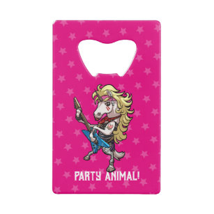 Party Animal! Glam Metal Guitar Unicorn Cartoon Credit Card Bottle Opener