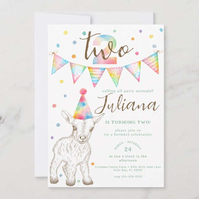 Party Animal Goat 2nd Birthday Invitation Kids (Front)