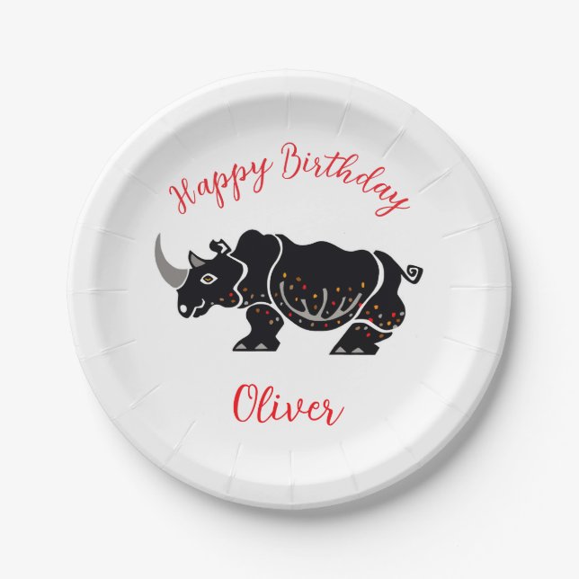 Party animal - Graphic  RHINOCEROS -Happy Birthday Paper Plates (Front)