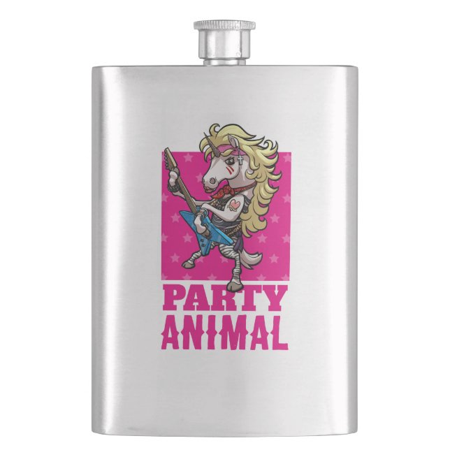 Party Animal Hair Metal Glam Rock Unicorn Cartoon Flask (Front)