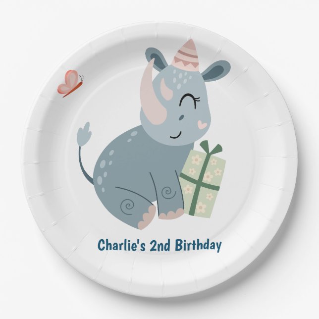 party animal, happy rhino with gift paper plates (Front)