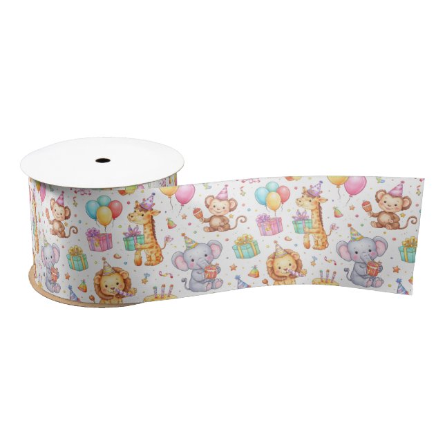 Party Animal Parade – Watercolor Birthday Design Satin Ribbon (Spool)