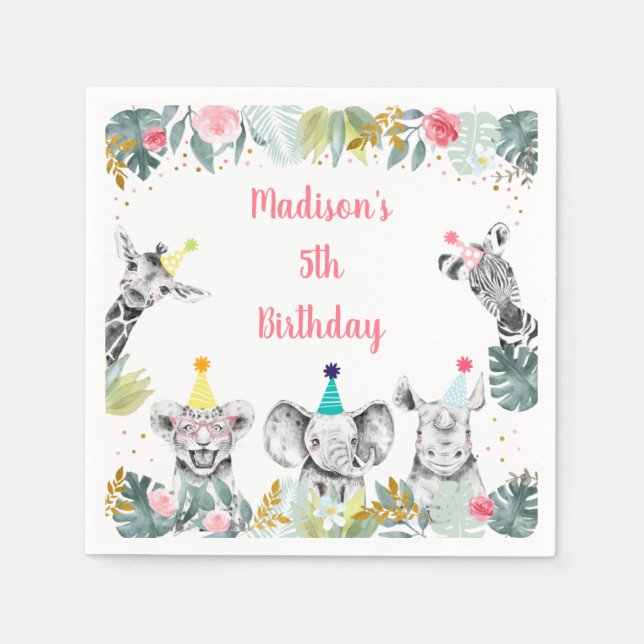 Party Animal Pink Gold Safari Birthday Napkins (Front)