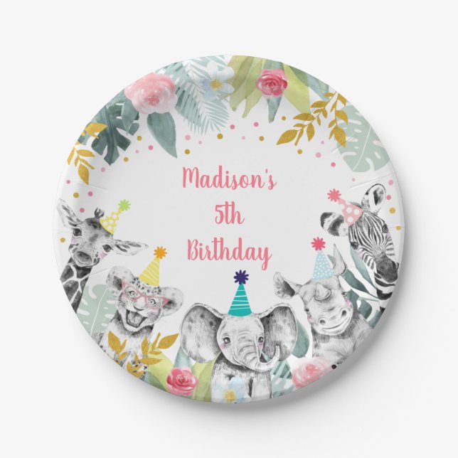 Party Animal Pink Gold Safari Birthday Paper Plates (Front)