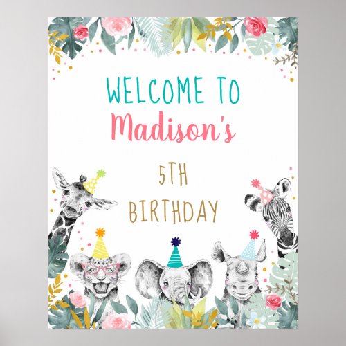 Party Animal Pink Gold Safari Birthday Welcome Poster