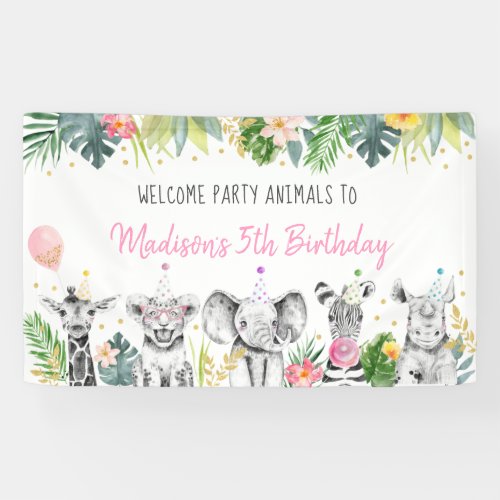 Party Animal Pink Gold Tropical Safari Birthday Banner