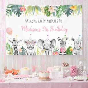 Party Animal Pink Gold Tropical Safari Birthday Banner
