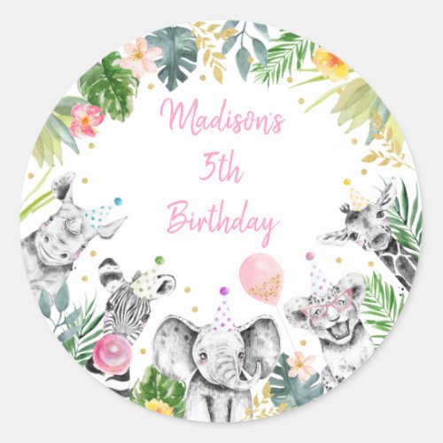 Party Animal Pink Gold Tropical Safari Birthday Classic Round Sticker