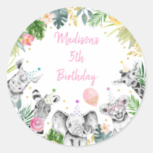 Party Animal Pink Gold Tropical Safari Birthday Classic Round Sticker