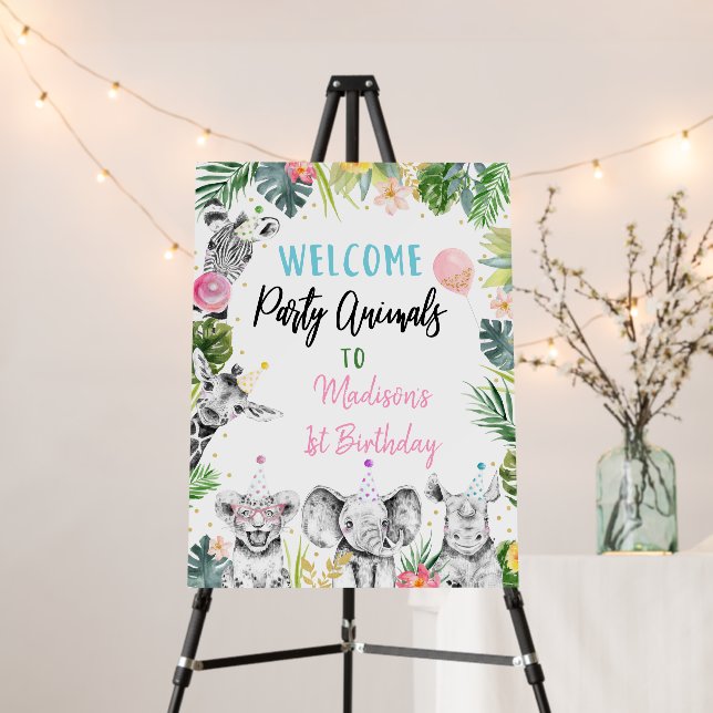 Party Animal Pink Gold Tropical Safari Birthday Foam Board (In Situ (Stand))
