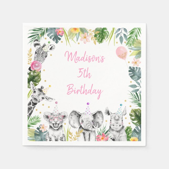 Party Animal Pink Gold Tropical Safari Birthday Napkins (Front)