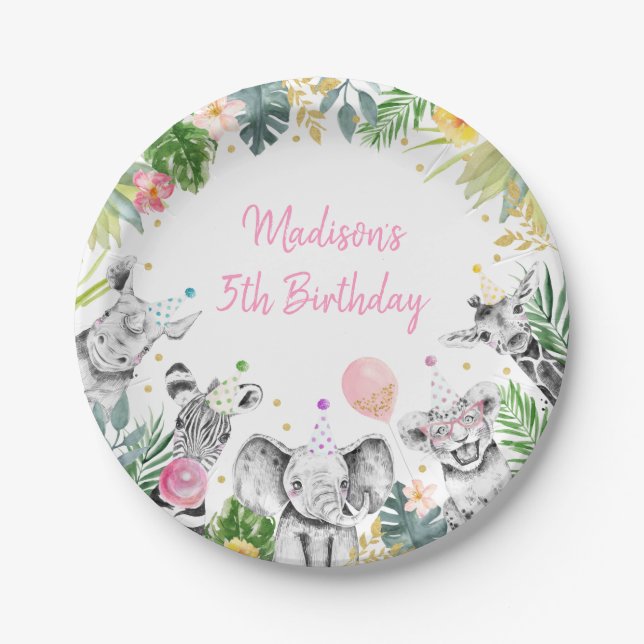 Party Animal Pink Gold Tropical Safari Birthday Paper Plates (Front)