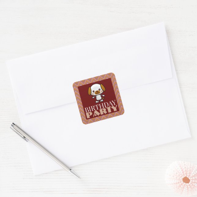Party Animal Puppy, Chevron Birthday Party Square Sticker (Envelope)