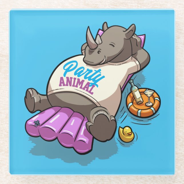 Party Animal Rhino Inflatable Mattress Cartoon Glass Coaster (Front)