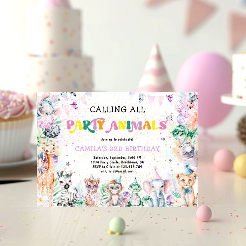 Party Animal Safari Wild Animals Girl Birthday  Invitation