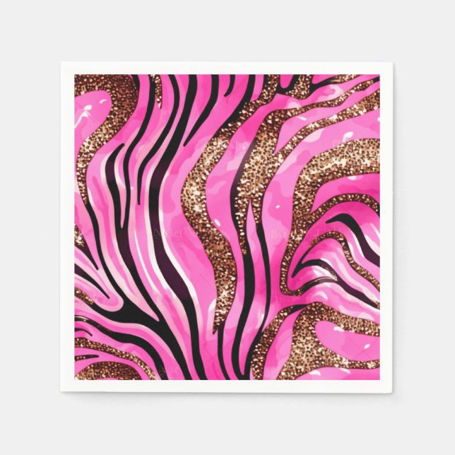 Party Animal Tiger Print Napkins, Pink Glitter Napkins (Front)