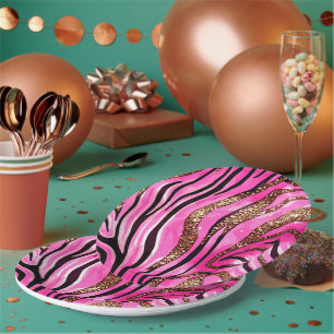 Party Animal Tiger Print Paper Cup, Pink Glitter Paper Plates