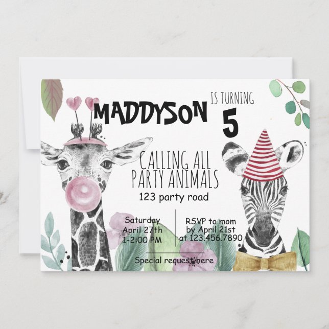 PARTY ANIMAL|Watercolor|Safari| KIDS INVITATION (Front)