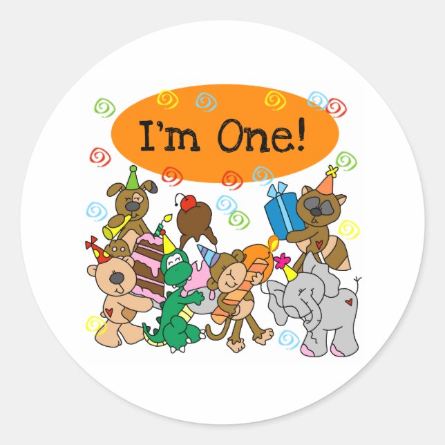 Party Animals 1st Birthday Classic Round Sticker (Front)