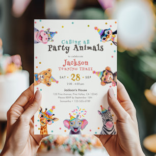 Party Animals 3rd Birthday Kids Safari Theme Invitation