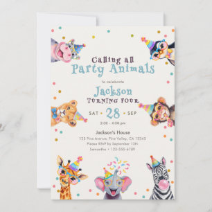 Party Animals 4th Birthday Kids Safari Invitation
