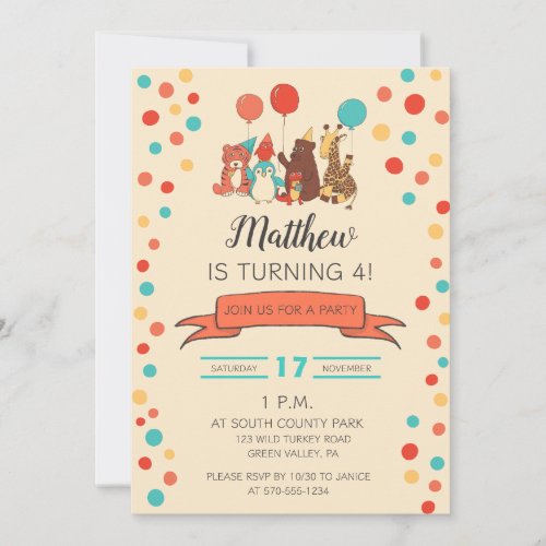 Party Animals and Polka Dots Kids Birthday Invitation