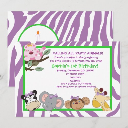 PARTY ANIMALS Baby Girl 1st Birthday Jungle 5x7 Custom Announcement