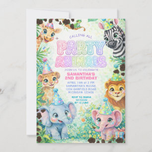 Party Animals Birthday Colorful Rainbow  Invitation