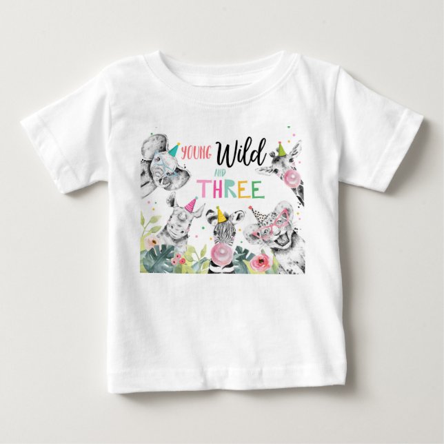 Party Animals Birthday Girl Wild Three Birthday Baby T-Shirt (Front)