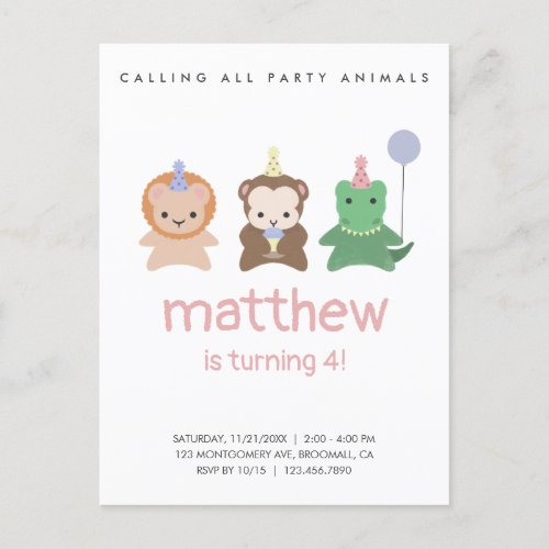 Party Animals Birthday Simple Invitation Postcard