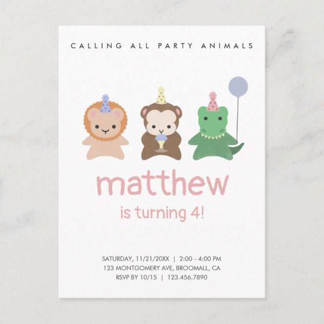 Party Animals Birthday Simple Invitation Postcard (Front)