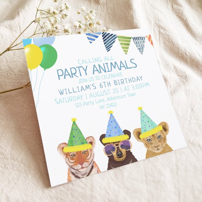 Party Animals Blue Birthday  Invitation