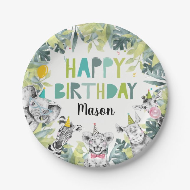Party Animals Boy Safari Animals Birthday Party Paper Plates (Front)
