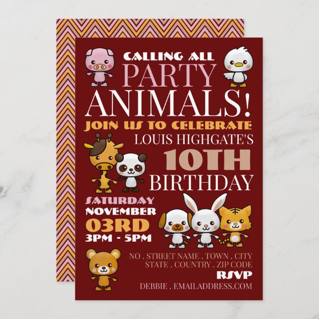 Party Animals, Chevron Birthday Party Invitation (Front/Back)