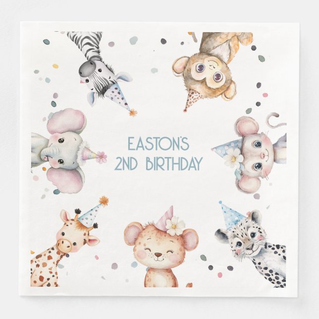 Party animals cute safari boy birthday party paper dinner napkins (Front)