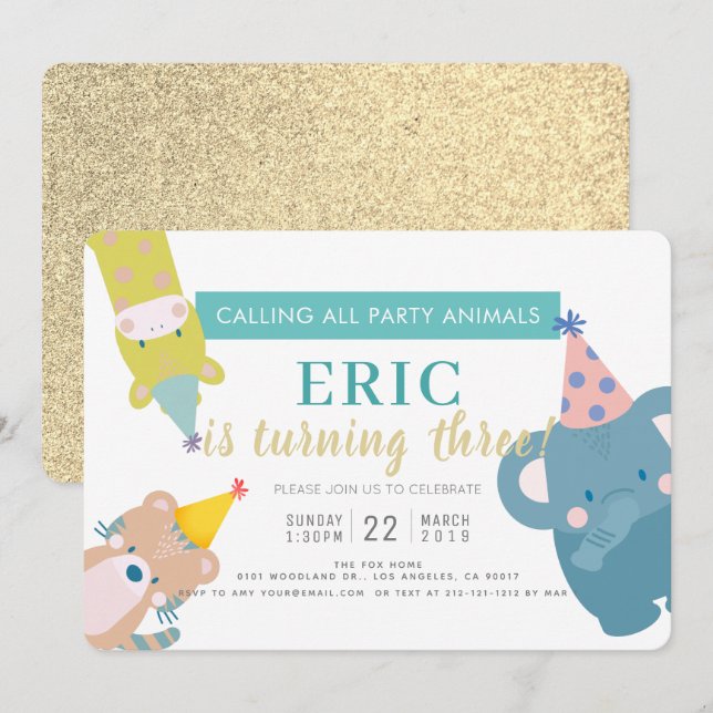 Party Animals Elephant Gold Glitter Boy Birthday Invitation (Front/Back)