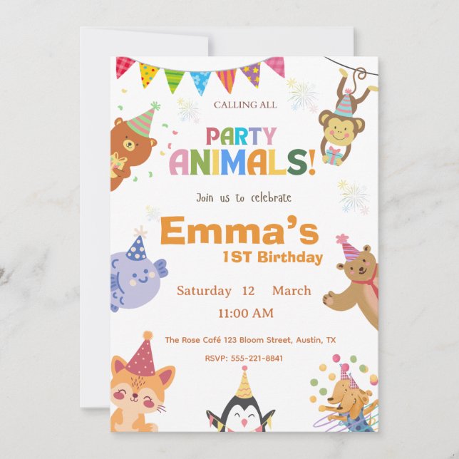 Party Animals First Birthday Invitation  (Front)