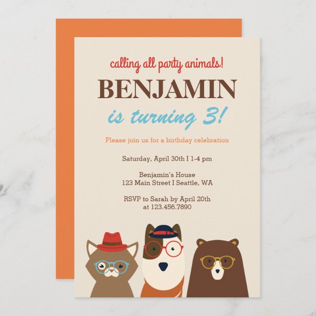 Party Animals Fun Birthday Party Invitation (Front/Back)