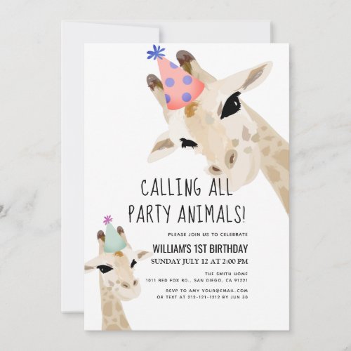 Party Animals Giraffe 1st Birthday Invitation