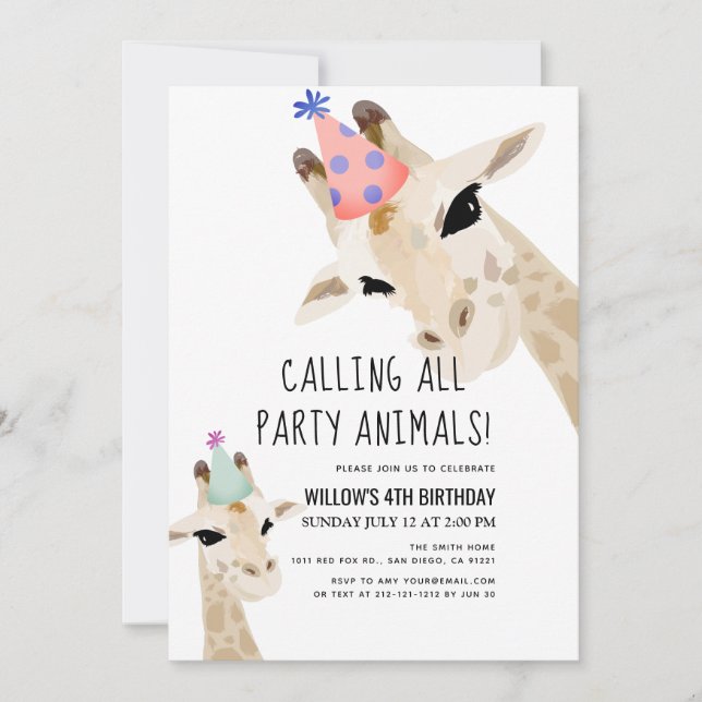 Party Animals Giraffe Birthday Invitation (Front)