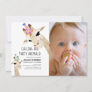 Party Animals Giraffe Photo 1st Birthday Invitation