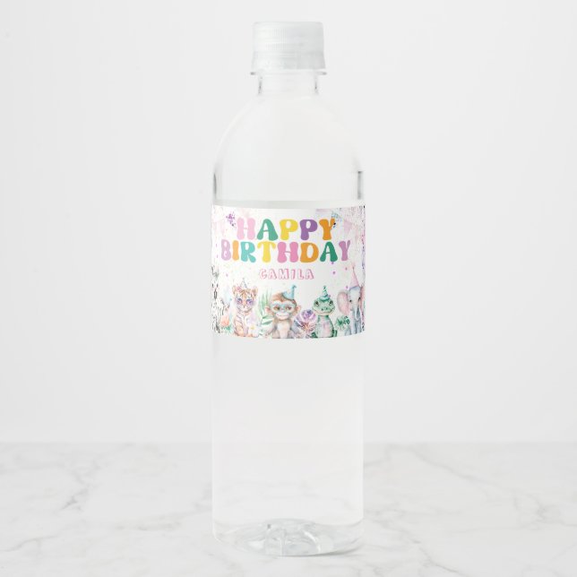 Party Animals Girl Birthday Wild One Water Bottle Label (Front)