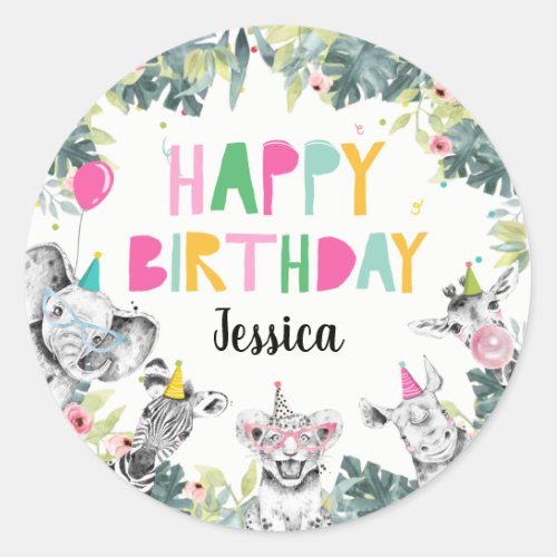 Party Animals Girl Safari Animals Birthday Party C Classic Round Sticker