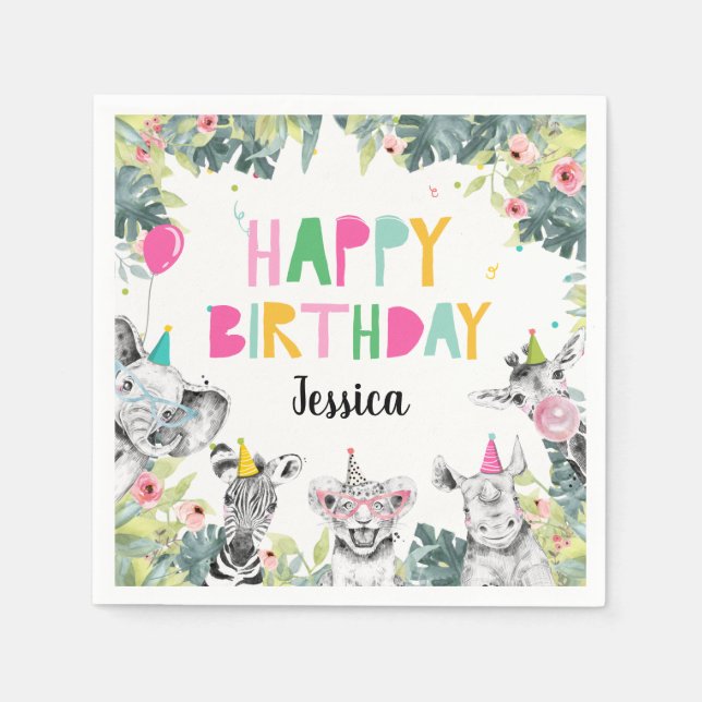 Party Animals Girl Safari Animals Birthday Party C Napkins (Front)
