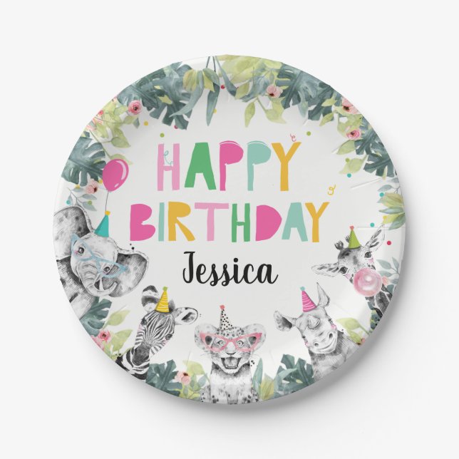 Party Animals Girl Safari Animals Birthday Party Paper Plates (Front)